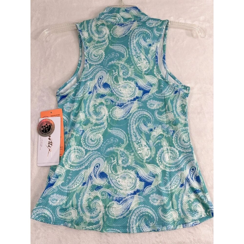 Gottex Women's Golf Tennis Sleeveless Top 1/4 Zip Mock Paisley Blue Print Small - Picture 2 of 4